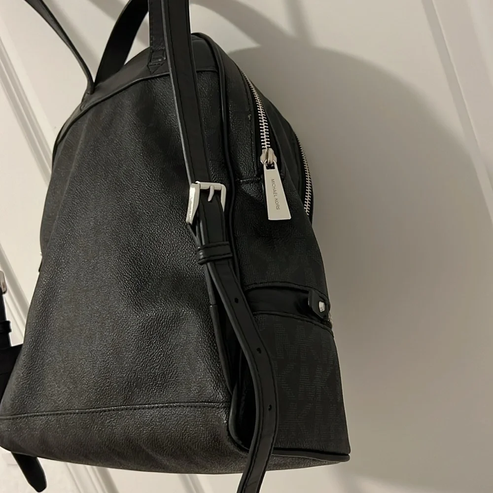 Michael Kors Rhea Medium Signature Backpack Handbag Black with Silver Hardware
